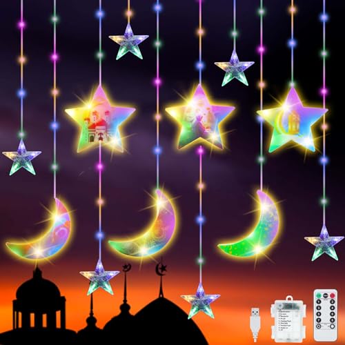 YeahBoom 114 LED Ramadan Licht Stern Mond Lichterketten,3m LED Sterne Mond Vorhang Licht,Led Lichterkette Mond Sterne mit 8 Blinkenden Modi & Fernbedienung,Batterie & USB betriebene Lichterkette von YeahBoom
