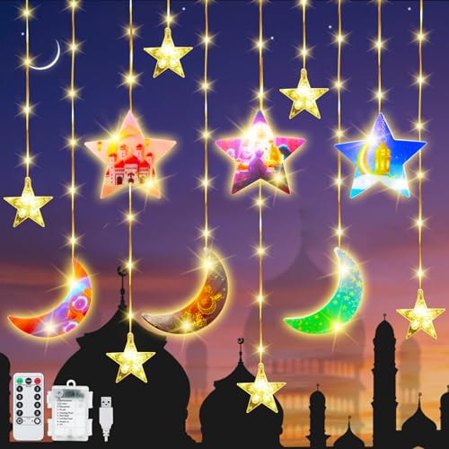 YeahBoom 114 LED Ramadan Licht Stern Mond Lichterketten,3m LED Sterne Mond Vorhang Licht,Led Lichterkette Mond Sterne mit 8 Blinkenden Modi & Fernbedienung,Batterie & USB betriebene Lichterkette von YeahBoom