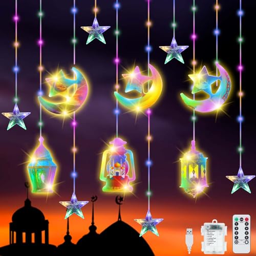 YeahBoom 114 LED Ramadan Licht Stern Mond Lichterketten,3m Sterne Mond und Öllampe Ramadan Deko Licht,Eid Mubarak Licht LED mit 8 Blinkenden Modi & Fernbedienung,Batterie & USB betriebene Lichterkette von YeahBoom