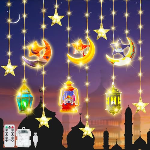 YeahBoom 114 LED Ramadan Licht Stern Mond Lichterketten,3m Sterne Mond und Öllampe Ramadan Deko Licht,Eid Mubarak Licht LED mit 8 Blinkenden Modi & Fernbedienung,Batterie & USB betriebene Lichterkette von YeahBoom