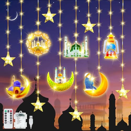 YeahBoom 114 LED Ramadan Licht Stern Mond Lichterketten,3m Sterne Mond und Schloss Ramadan Deko Licht,Eid Mubarak Licht LED mit 8 Blinkenden Modi & Fernbedienung,Batterie & USB betriebene Lichterkette von YeahBoom