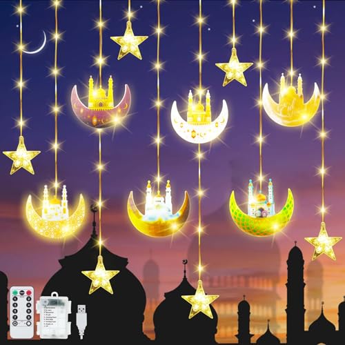 YeahBoom 114 LED Ramadan Licht Stern Mond Lichterketten,3m Sterne Mond und Schloss Ramadan Deko Licht,Eid Mubarak Licht LED mit 8 Blinkenden Modi & Fernbedienung,Batterie & USB betriebene Lichterkette von YeahBoom