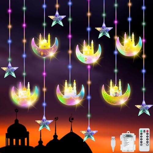 YeahBoom 114 LED Ramadan Licht Stern Mond Lichterketten,3m Sterne Mond und Schloss Ramadan Deko Licht,Eid Mubarak Licht LED mit 8 Blinkenden Modi & Fernbedienung,Batterie & USB betriebene Lichterkette YeahBoom 114 LED Ramadan Licht Stern Mond Lichterketten,3m Sterne Mond und Schloss Ramadan Deko Licht,Eid Mubarak Licht LED mit 8 Blinkenden Modi & Fernbedienung,Batterie & USB betriebene Lichterkette von YeahBoom