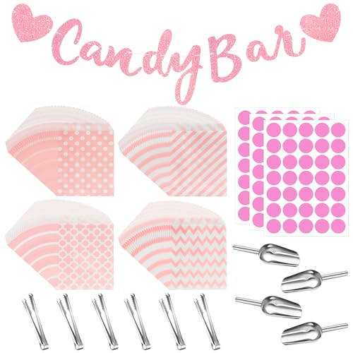 YeahBoom 114 Stück Candy Bar Zubehör Set,Enthält 100 Stück Candy Bar Tüten 3 Sticker 6 Zuckerzange 4 Schaufeln und 1 Candy Bar Deko Girlande,Candy Bar Deko Set für Candy Bar Hochzeit Geburtstage Party von YeahBoom
