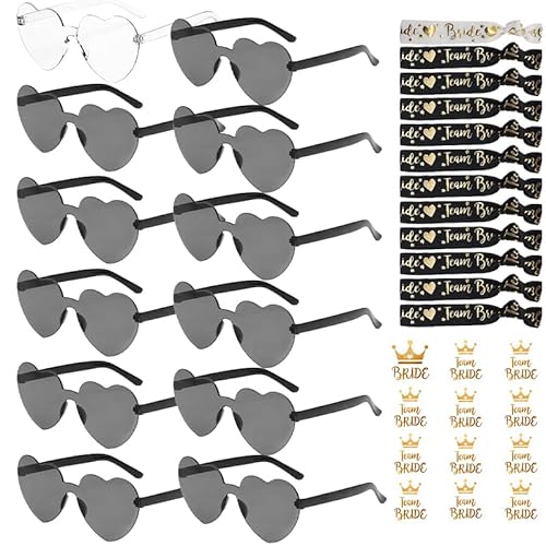 YeahBoom 36 Stück JGA Brille Team Braut Armbänder,Bride to Be Herz Brille Set,12Herz Sonnenbrille+12Bride Tattoo Aufkleber+12Bride Armband,Jungesellinnenabschied Frau Accessoires,JGA Deko Accessoires von YeahBoom