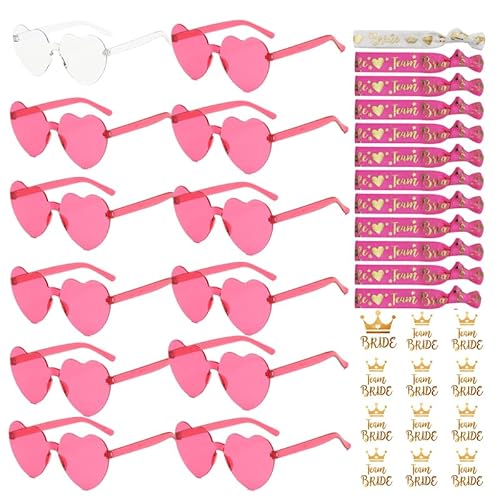 YeahBoom 36 Stück JGA Brille Team Braut Armbänder,Bride to Be Herz Brille Set,12Herz Sonnenbrille+12Bride Tattoo Aufkleber+12Bride Armband,Jungesellinnenabschied Frau Accessoires,JGA Deko Accessoires von YeahBoom