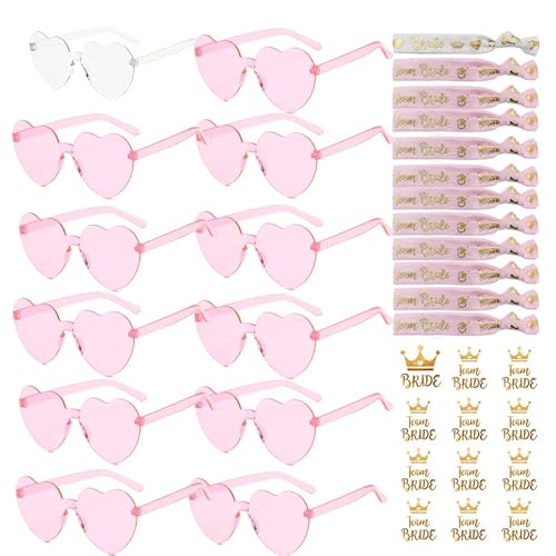 YeahBoom 36 Stück JGA Brille Team Braut Armbänder,Bride to Be Herz Brille Set,12Herz Sonnenbrille+12Bride Tattoo Aufkleber+12Bride Armband,Jungesellinnenabschied Frau Accessoires,JGA Deko Accessoires von YeahBoom