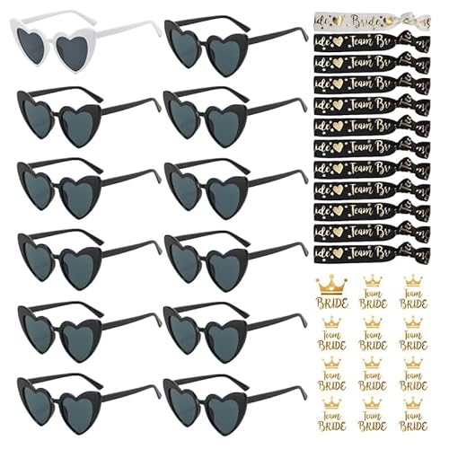 YeahBoom 36 Stück JGA Brille Team Braut Armbänder,Bride to Be Herz Brille Set,12Herz Sonnenbrille+12Bride Tattoo Aufkleber+12Bride Armband,Jungesellinnenabschied Frau Accessoires,JGA Deko Accessoires von YeahBoom