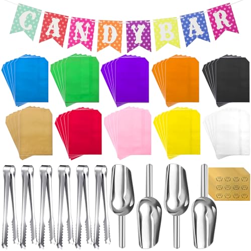 YeahBoom 71 Stück Candy Bar Zubehör Set,Enthält 50 Stück Candy Bar Tüten 10 Sticker 6 Zuckerzange 4 Schaufeln und 1 Candy Bar Deko Girlande,Candy Bar Deko Set für Candy Bar Hochzeit Geburtstage Party von YeahBoom