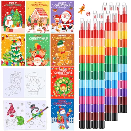 YeahBoom 8 Stück Weihnachten Mini Malbuch und 12 Stück Stapelbare Wachsmalstifte,12 Farben Malen ​Buntstifte für kinder Malerei Geschenk Büro Schulbedarf,Kindergeburtstag Geschenke Set (12 Farben) von YeahBoom