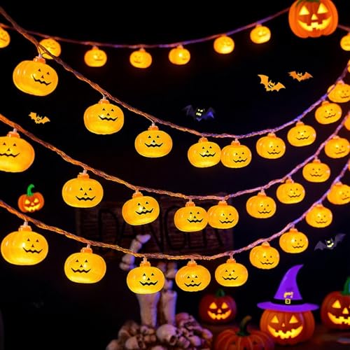 YeahBoom Halloween Lichterkette,300CM 20LEDs Halloween Deko Lichterkette,Batteriebetrieben,Orange Pumpkin Lichter mit 3D Kürbis Beleuchtung für Innen und Außen,Party,Garten,Festen von YeahBoom