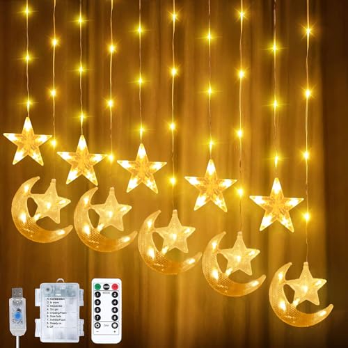 YeahBoom Lichterkette Mond Sterne,Ramadan Licht Stern Mond Lichterketten,138 LED Star Moon Vorhang Lichterkette,Ramadan Lichterkette,8 Modi Lichtervorhang USB & Batterie Betriebene mit Fernbedienung von YeahBoom