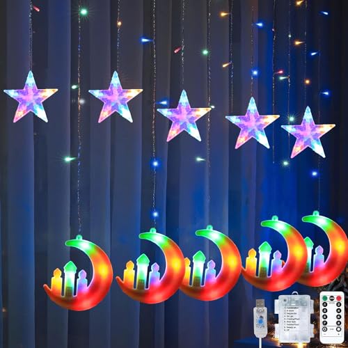 YeahBoom Lichterkette Mond Sterne,Ramadan Licht Stern Mond Lichterketten,138 LED Star Moon Vorhang Lichterkette,Ramadan Lichterkette,8 Modi Lichtervorhang USB & Batterie Betriebene mit Fernbedienung von YeahBoom