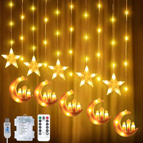 YeahBoom Lichterkette Mond Sterne,Ramadan Licht Stern Mond Lichterketten,138 LED Star Moon Vorhang Lichterkette,Ramadan Lichterkette,8 Modi Lichtervorhang USB & Batterie Betriebene mit Fernbedienung von YeahBoom