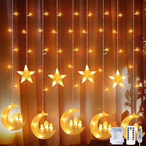 YeahBoom Lichterkette Mond Sterne,Ramadan Licht Stern Mond Lichterketten,138 LED Star Moon Vorhang Lichterkette,Ramadan Lichterkette,8 Modi Lichtervorhang USB & Batterie Betriebene mit Fernbedienung von YeahBoom