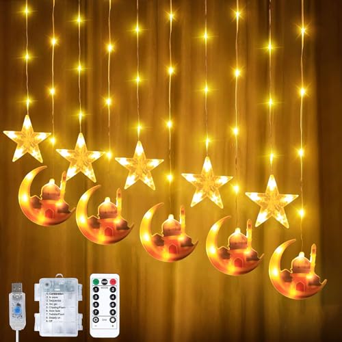 YeahBoom Lichterkette Mond Sterne,Ramadan Licht Stern Mond Lichterketten,138 LED Star Moon Vorhang Lichterkette,Ramadan Lichterkette,8 Modi Lichtervorhang USB & Batterie Betriebene mit Fernbedienung von YeahBoom