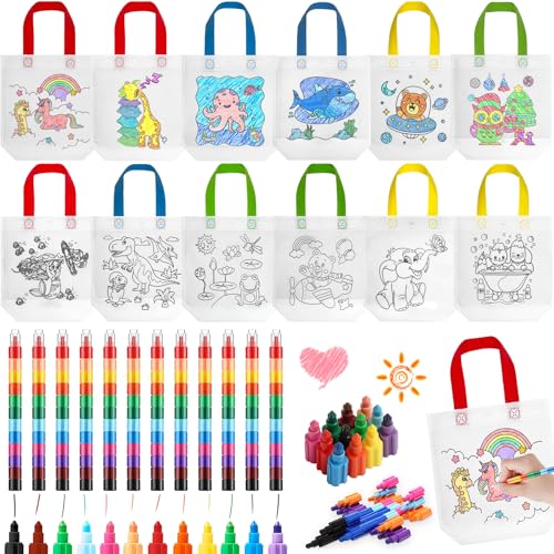 YeahBoom Taschen zum Bemalen für Kinder,12 Stück Stoffbeutel zum Bemalen und 12 Stück Stapelbare Wachsmalstifte(12 Farben),DIY Kinder Stoffbeutel Set,DIY Graffiti Non-Woven Stoffbeutel von YeahBoom