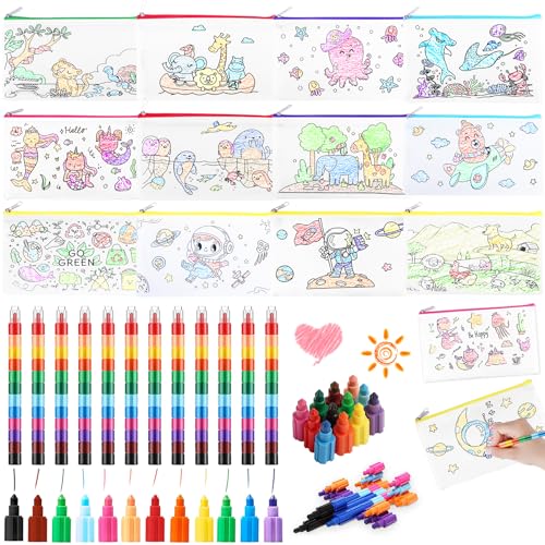 YeahBoom Taschen zum Bemalen für Kinder,12 Stück Stoffbeutel zum Bemalen für Kinder und 12 Stück Stapelbare Wachsmalstifte(12 Farben),DIY Kinder Stoffbeutel Set,DIY Graffiti Non-Woven Stoffbeutel von YeahBoom