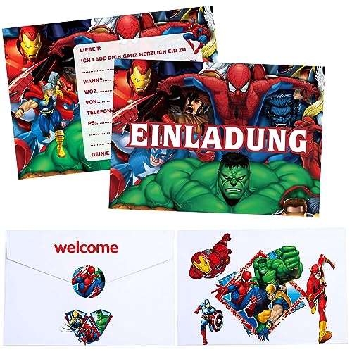 YeahBoom 12 x Superhero Einladungskarten Kindergeburtstag,Einladungskarten Geburtstag Junge,Einladungskarten Kindergeburtstag Junge Mädchen,Mit Superheld Cartoon-Bilder,Partyeinladungen von YeahBoom