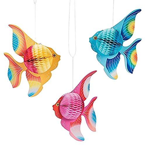 YeahiBaby 6 Stück Seidenpapier Fische Tropische Fische Dekoration hängende Ornamente Partyzubehör (Gold + Rosa + Blau) von YeahiBaby
