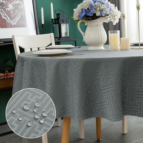 Yeahshion Runde Tischdecke, Anti-Flecken, Grau Φ150 cm, wasserdichte Jacquard-Tischdecke für Tisch, Esszimmer, Restaurant von Yeahshion