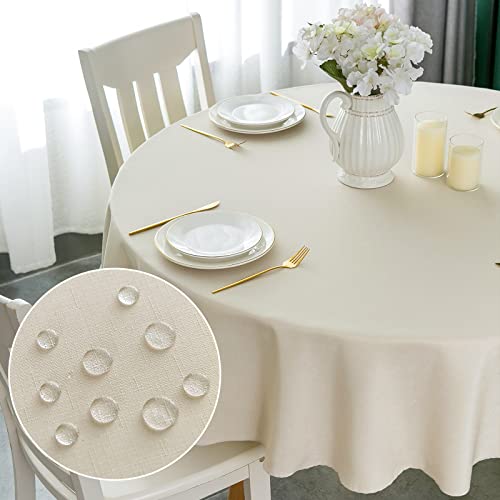 Yeahshion Runde Tischdecke Fleckabweisend Beige Φ120cm, wasserdichte Tischdecke Polyester-Leinen-Optik für Tisch, Esszimmer, Restaurant Schutz (Beige, Φ120cm) von Yeahshion