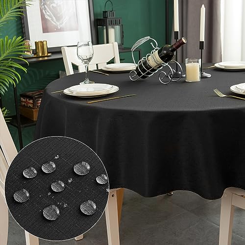 Yeahshion Runde Tischdecke Fleckabweisend Schwarz Φ120cm, wasserdichte Tischdecke Polyester-Leinen-Optik für Tisch, Esszimmer, Restaurant Schutz (Schwarz, Φ120cm) von Yeahshion