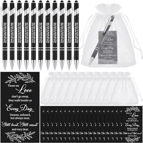 Yeaqee Beerdigungsgeschenke, Dankeskarten, Beerdigungsgeschenke für einen Gedenkdienst, 50 Kugelschreiber, 50 Gedichtkarten, weiße Organza-Beutel, Trauergeschenk (schwarz, elegant), 150 Stück von Yeaqee