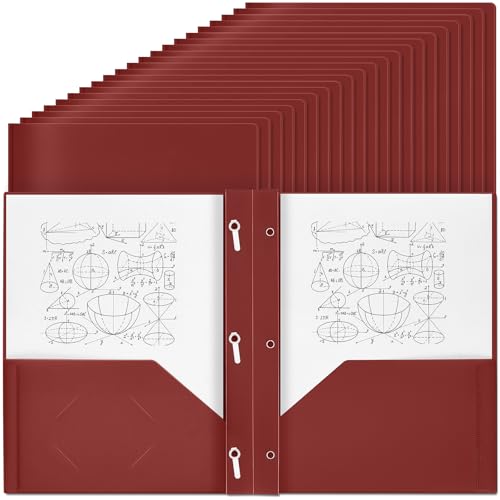 Yeaqee 30 Plastikmappen mit Taschen und Zinken Plastikmappen mit 2 Taschen Tasche für Büro, Schule für Studenten, Lehrer, Büroangestellte (Dunkelrot) von Yeaqee