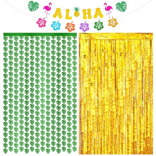 Yeaqee 5 Stück Hawaiianische Luau-Party-Dekoration, 2 Stück Goldfolien-Fransen-Hintergrundvorhänge, 2 Stück grüne Dschungelblatt-Vorhänge und 1 Packung Aloha-Banner, Foto-Requisite, tropisches Yeaqee 5 Stück Hawaiianische Luau-Party-Dekoration, 2 Stück Goldfolien-Fransen-Hintergrundvorhänge, 2 Stück grüne Dschungelblatt-Vorhänge und 1 Packung Aloha-Banner, Foto-Requisite, tropisches von Yeaqee