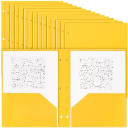 Yeaqee 50 Stück Kunststoff-Ordner mit Taschen, 3-fach gelocht, 2 Taschen, Aktenordner für 3-Ringbinder, Trennblätter für Notizbücher, strapazierfähiges Polymaterial für Büro und Zuhause (Gelb) von Yeaqee