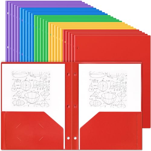 Yeaqee 50 Stück Kunststoff-Ordner mit Taschen, 3-fach gelocht, 2 Taschen, Aktenordner für 3-Ringbücher, Trennordner für Notizbücher, strapazierfähiges Polymaterial für Büro und Zuhause (mehrfarbig) von Yeaqee