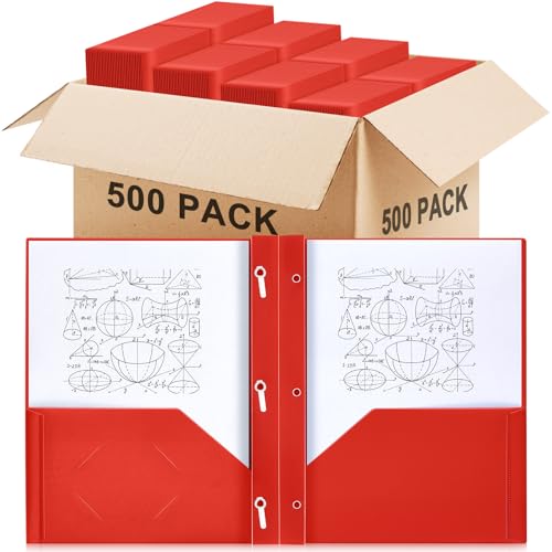 Yeaqee 500 Stück Kunststoff-Ordner mit 2 Taschen und Zinken, 3 Zinken, für Schule, Büro, Hausaufgaben, Unternehmen, Dokumente, Organisationszubehör (rot) von Yeaqee