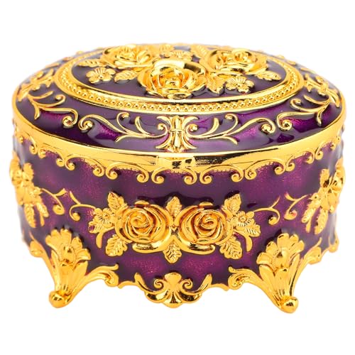 Yechiry Antike Schmuckschatulle, Schmuckschatulle aus Zinklegierung mit Blumenmuster, Dekorative Andenkenbox | Vintage Schmuckkästchen | Runde Ohrringe-Aufbewahrungsbox für (Gold-Lila) von Yechiry