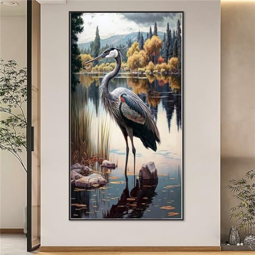 Diamond Painting Kit Reiher See,Groß Diamant Painting Bilder Set 5D DIY Erwachsene Kinder Full Rundbohrer Stickerei Kreuzstich Malen nach Zahlen Kunst Handwerk Home Wohnzimmer Wand Dekoration 30x60cm von Yeecer