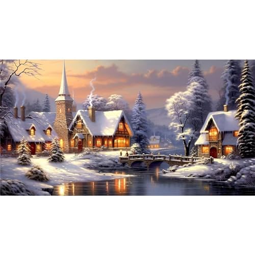 Diamond Painting Winterliches Schneedorf,Groß Diamant Painting Bilder Set 5D DIY Erwachsene Kinder Full Rundbohrer Stickerei Kreuzstich Malen nach Zahlen Kunst Handwerk Home Wand Dekor 60x120cm von Yeecer