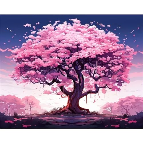 Yeecer Rosa Baum Malen nach Zahlen Erwachsene mit Rahmen Malen Nach Zahlen Kits DIY Ölgemälde Leinwand Gemälde Set mit Pinsels und Farbe Acryl Malerei Für Erwachsene Geschenk für Home Deko,55x70cm von Yeecer