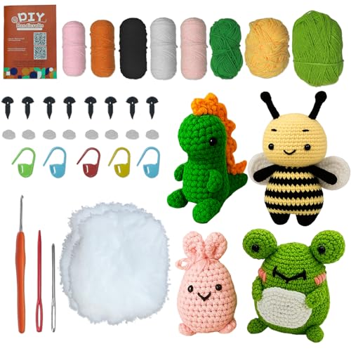 Yeelan Häkelset für Anfänger, HäKel Set Anfänger, Häkelset Tiere mit häkelnadeln Garn Häkel Zubehör Video Anleitung, Crochet Set für Erwachsen und Kinder, Dinosaurier Bienen Kaninchen Frösche von Yeelan