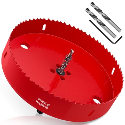 Yeepeo Lochsäge 180mm, Universal HSS M42 Bi-Metall Lochsägen, Lochkreissäge mit Sechskant-Schaft und Bohrer Lochbohrer Set Bohrkrone für Holz, Rigips, Trockenbau, Kunststoffe, 1 Stück Rot von Yeepeo