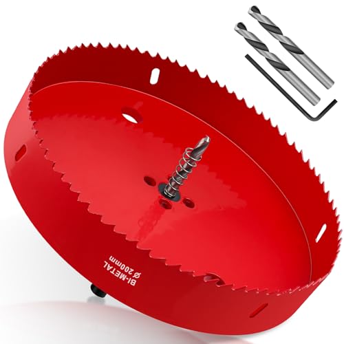 Yeepeo Lochsäge 200mm, Universal HSS M42 Bi-Metall Lochsägen, Lochkreissäge mit Sechskant-Schaft und Bohrer Lochbohrer Set Bohrkrone für Holz, Rigips, Trockenbau, Kunststoffe, 1 Stück Rot von Yeepeo