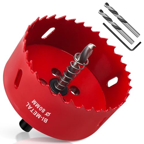 Yeepeo Lochsäge 80mm, Universal HSS M42 Bi-Metall Lochsägen, Lochkreissäge mit Sechskant-Schaft und Bohrer Lochbohrer Set Bohrkrone für Holz, Rigips, Trockenbau, Kunststoffe, 1 Stück Rot von Yeepeo
