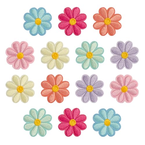 14 x Gänseblümchen-Aufnäher zum Aufbügeln, 4,2 x 4,2 cm (B x H), bunte bestickte Applikationen für Jacken, Jeans, Taschen, Hüte, Bastelset zum Aufnähen (7 Farben Gänseblümchen (14 Stück)) von Yeetandoo