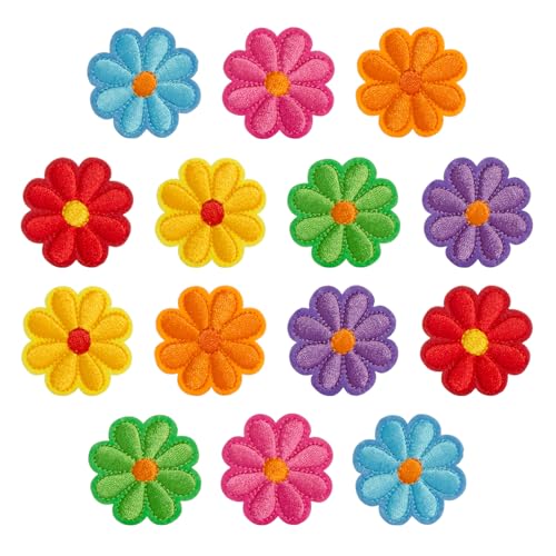 14 x Gänseblümchen-Aufnäher zum Aufbügeln, 4,2 x 4,2 cm (B x H), bunte bestickte Applikationen für Jacken, Jeans, Taschen, Hüte, Bastelset zum Aufnähen (7 leuchtende Farben Gänseblümchen (14 Stück)) von Yeetandoo