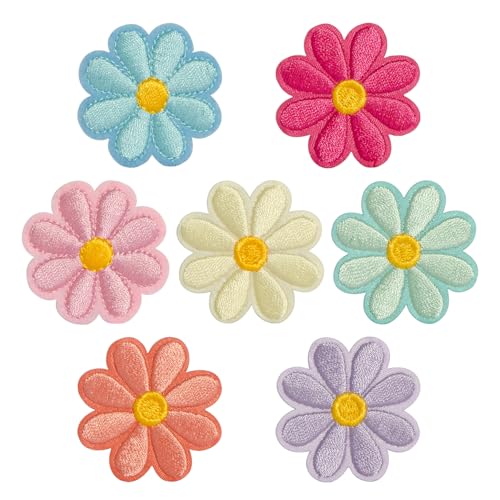 Aufnäher mit Gänseblümchen-Motiv, zum Aufbügeln, 4,2 x 4,2 cm (B x H), bunte bestickte Applikationen für Jacken, Jeans, Taschen, Hüte, Bastelset zum Aufnähen (7 Farben, 7 Stück), 7 Stück von Yeetandoo
