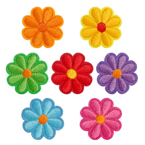 Aufnäher mit Gänseblümchen-Motiv, zum Aufbügeln, 4,2 x 4,2 cm (B x H), bunte bestickte Applikationen für Jacken, Jeans, Taschen, Hüte, Bastelset zum Aufnähen (7 leuchtende Farben, 7 Stück), 7 Stück von Yeetandoo