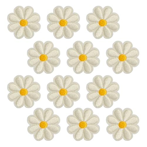 Aufnäher zum Aufbügeln, Gänseblümchen, 4,2 x 4,2 cm, weiß, bestickte Applikationen für Jacken, Jeans, Taschen, Hüte, Bastelset zum Aufnähen (weißes Gänseblümchen), 12 Stück von Yeetandoo