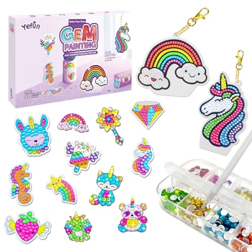 Yefun Diamond Painting Bilder für Kinder, 5D Einhorn Diamond Painting Basteln Set für Mädchen, DIY Einhorn Spielzeug mit Schlüsselanhänger, Décoration Sticker Art Kits Tolles, Für 4-12 Jährige Mädchen von Yefun