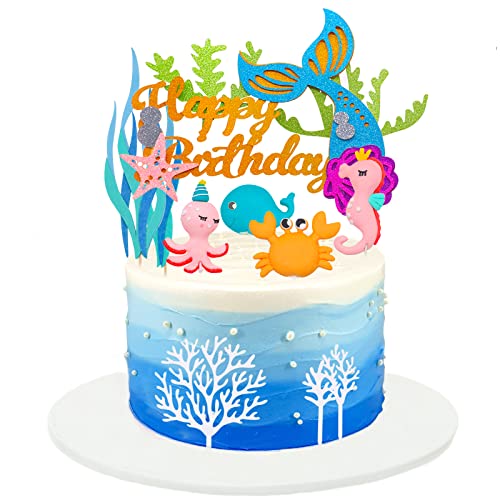 Yefun Tortendeko Unterwasserwelt, Ocean Animals Geburtstag Kuchen Deko, Cupcake Topper für Baby Kinder Jungen Party Dekoration von Yefun