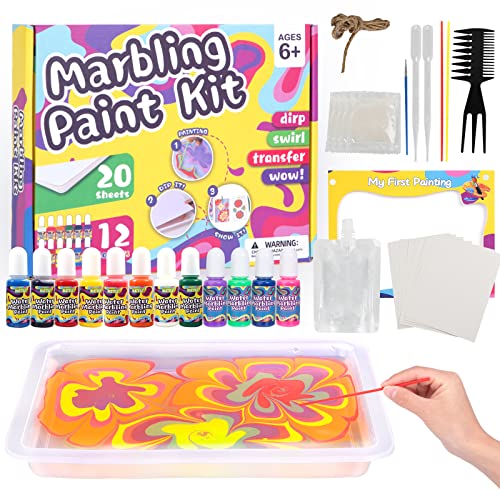 Yellcetoy Marmorierfarbe, Bastelset Kinder 12 Farben Wasser Malset, Wassermarmorierfarbe Marbling Paint Kit Kunst und Handwerk Geschenk für Kinder Mädchen und Jungen 6 7 8 9 10+ Jahre von Yellcetoy