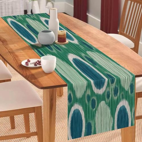 Eleganter Tischläufer aus Baumwollleinen, Pfauengrün und Aqua, Buchara-Ikat-Tischläufer, Tischläufer, 33 x 228 cm, für Esszimmer, Urlaub, Heimdekoration, für Garten, Hochzeit, Empfang von Yelolyio